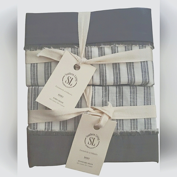 Linen Cotton Fringe Shams Shabby Chic Gray Striped Coastal Cottagecore Set of 2 - Picture 1 of 6